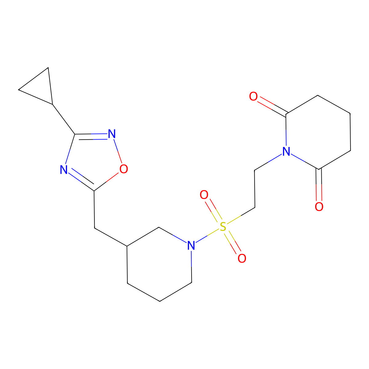 1-[2-({3-[(3-Cyclopropyl-1,2,4-oxadiazol-5-yl)methyl]piperidin-1-yl}sulfonyl)ethyl]piperidine-2,6-dione molecular structure, CAS 1705765-36-1