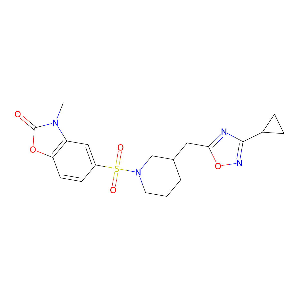 5-((3-((3-cyclopropyl-1,2,4-oxadiazol-5-yl)methyl)piperidin-1-yl)sulfonyl)-3-methylbenzo[d]oxazol-2(3H)-one molecular structure, CAS 1705765-54-3