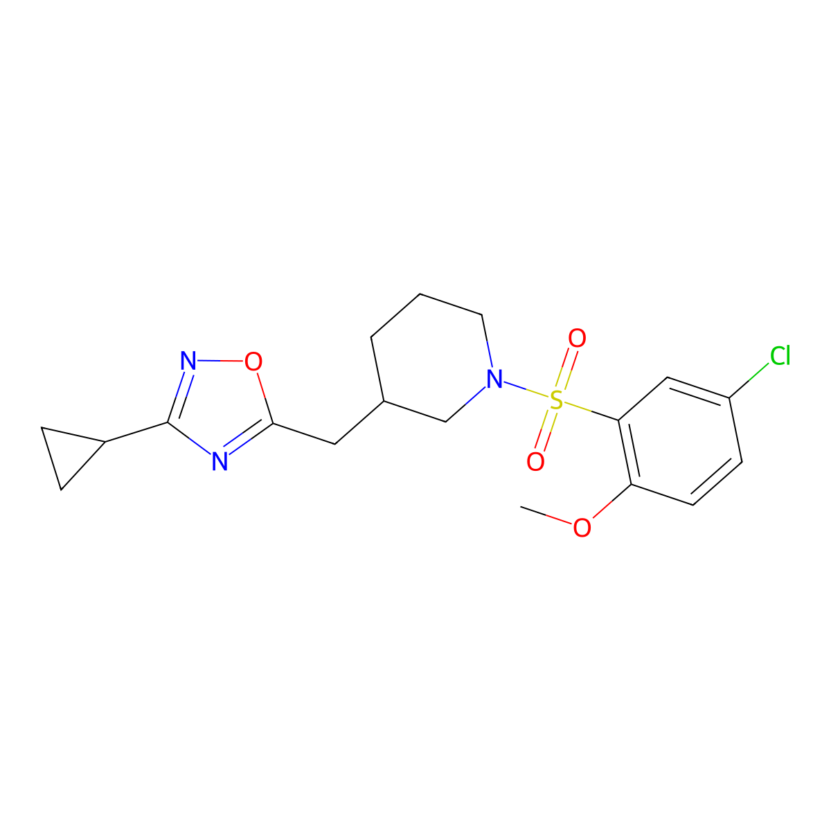 5-((1-((5-Chloro-2-methoxyphenyl)sulfonyl)piperidin-3-yl)methyl)-3-cyclopropyl-1,2,4-oxadiazole molecular structure, CAS 1705765-61-2