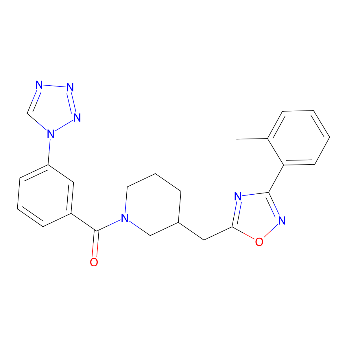 (3-(1H-tetrazol-1-yl)phenyl)(3-((3-(o-tolyl)-1,2,4-oxadiazol-5-yl)methyl)piperidin-1-yl)methanone molecular structure, CAS 1705765-72-5