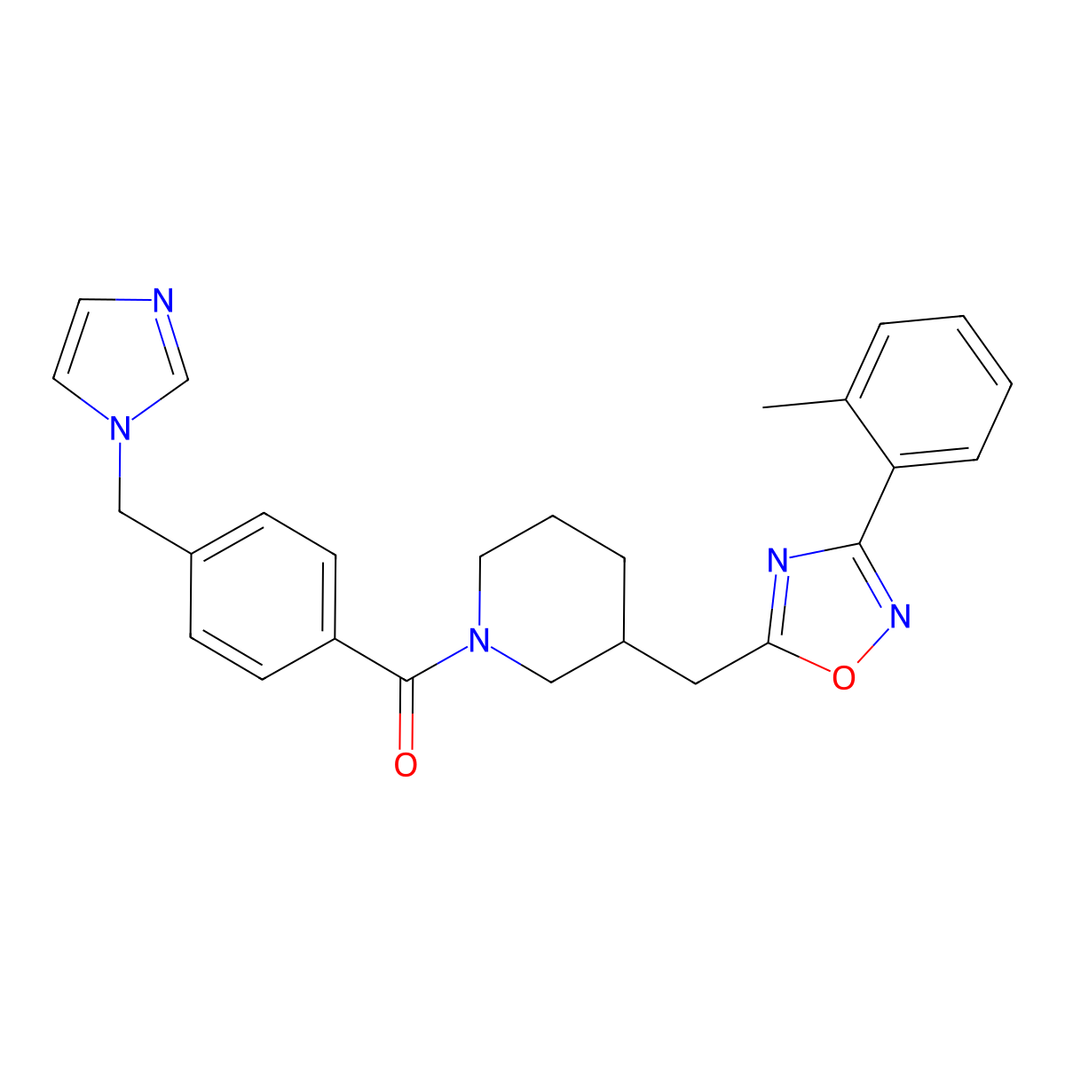 (4-((1H-imidazol-1-yl)methyl)phenyl)(3-((3-(o-tolyl)-1,2,4-oxadiazol-5-yl)methyl)piperidin-1-yl)methanone molecular structure, CAS 1705765-84-9