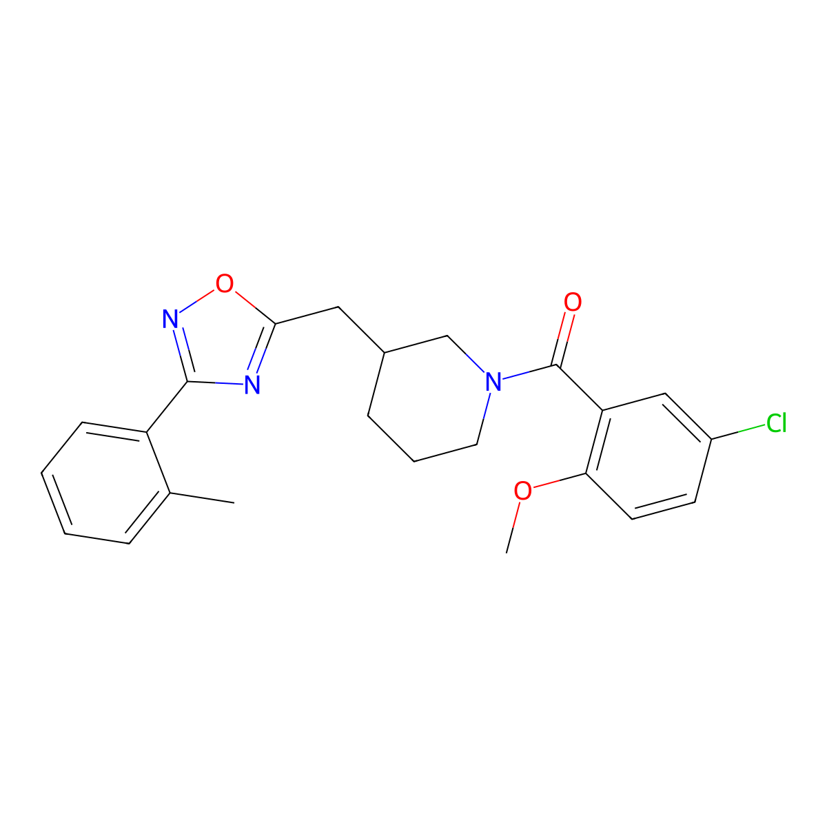 (5-Chloro-2-methoxyphenyl)(3-((3-(o-tolyl)-1,2,4-oxadiazol-5-yl)methyl)piperidin-1-yl)methanone molecular structure, CAS 1705766-28-4