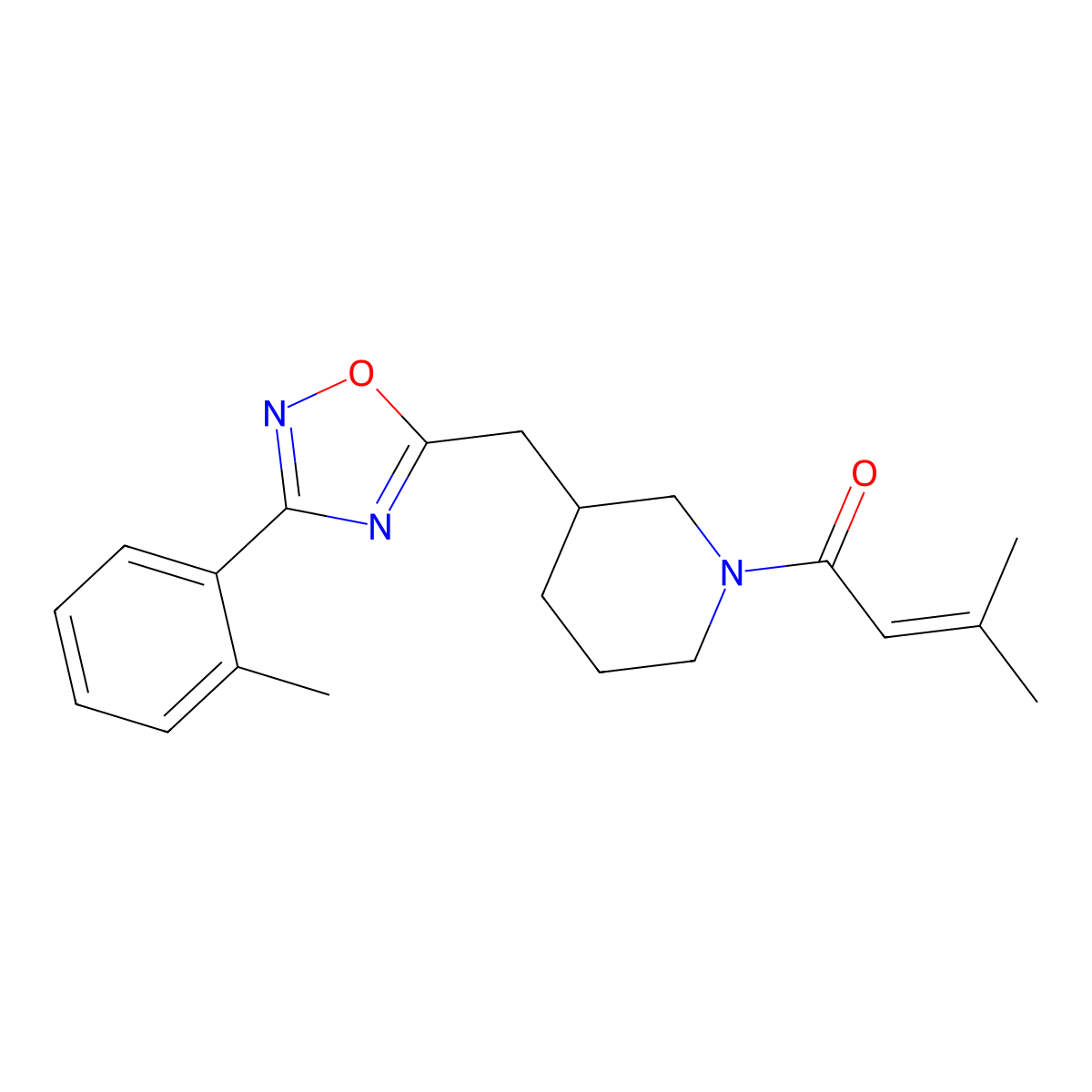 3-Methyl-1-(3-((3-(o-tolyl)-1,2,4-oxadiazol-5-yl)methyl)piperidin-1-yl)but-2-en-1-one molecular structure, CAS 1705766-61-5