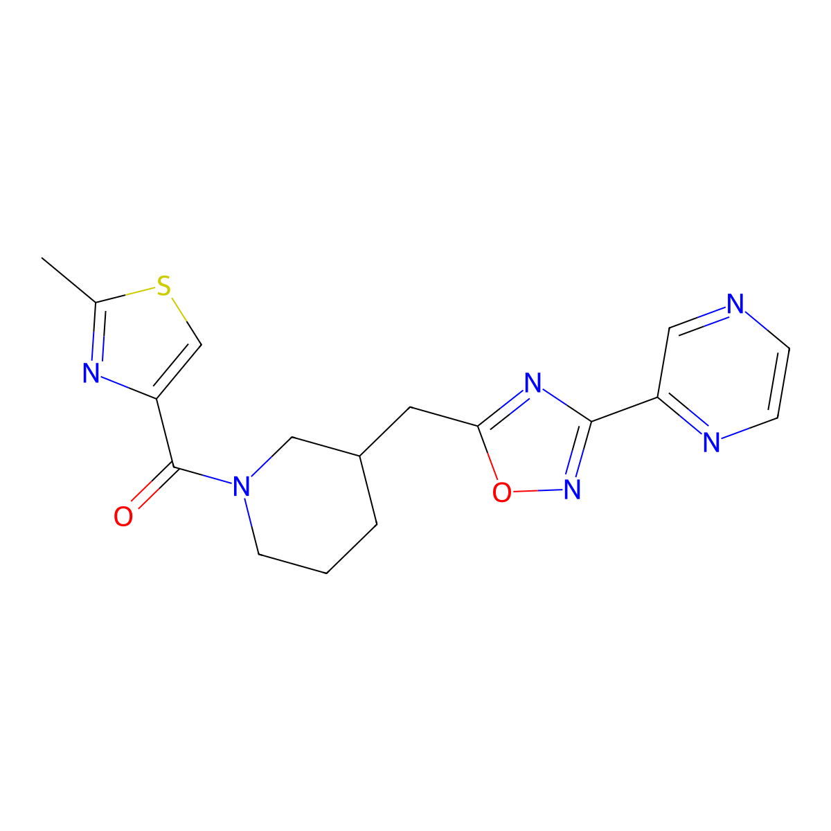 (2-Methylthiazol-4-yl)(3-((3-(pyrazin-2-yl)-1,2,4-oxadiazol-5-yl)methyl)piperidin-1-yl)methanone molecular structure, CAS 1705766-84-2