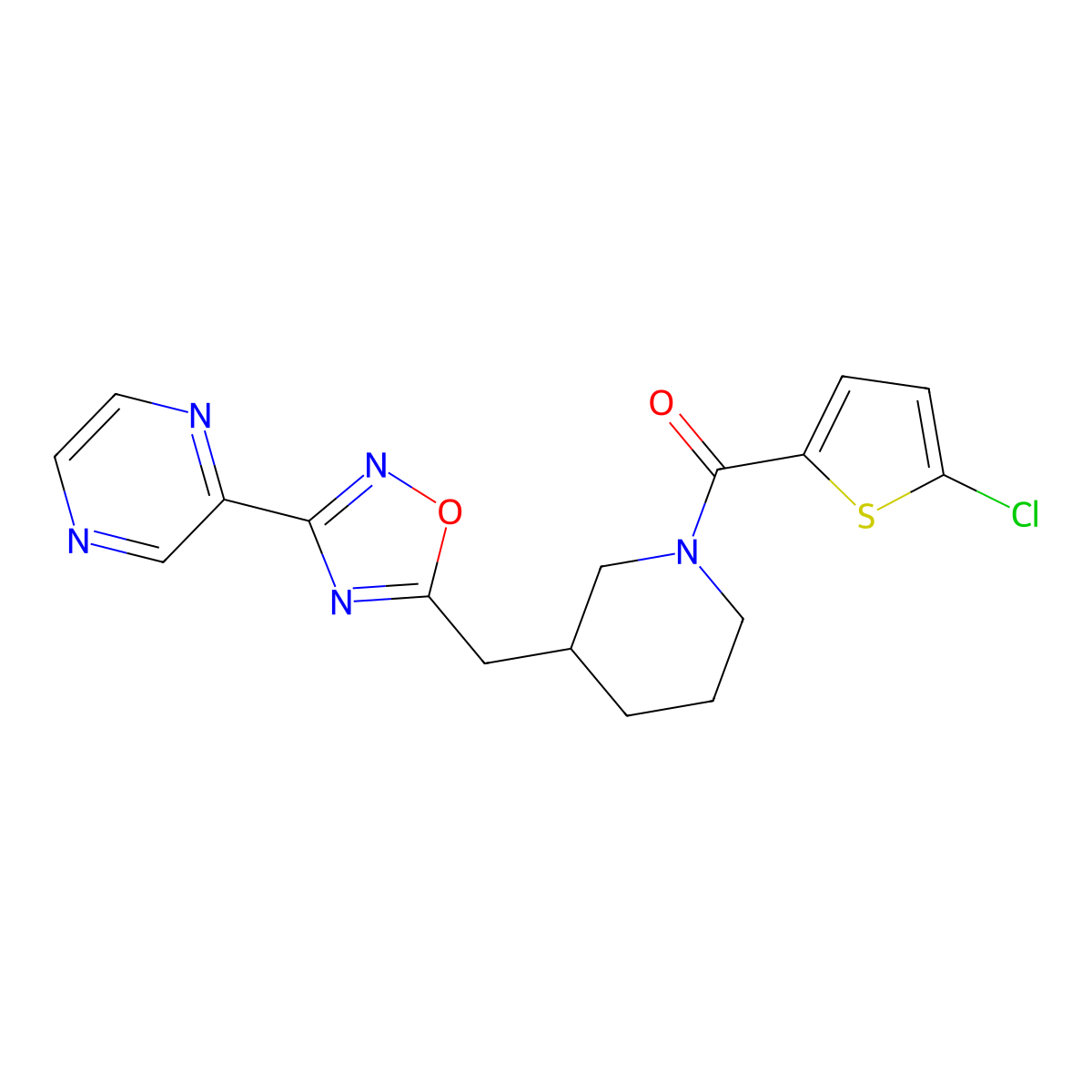 (5-Chlorothiophen-2-yl)(3-((3-(pyrazin-2-yl)-1,2,4-oxadiazol-5-yl)methyl)piperidin-1-yl)methanone molecular structure, CAS 1705767-61-8