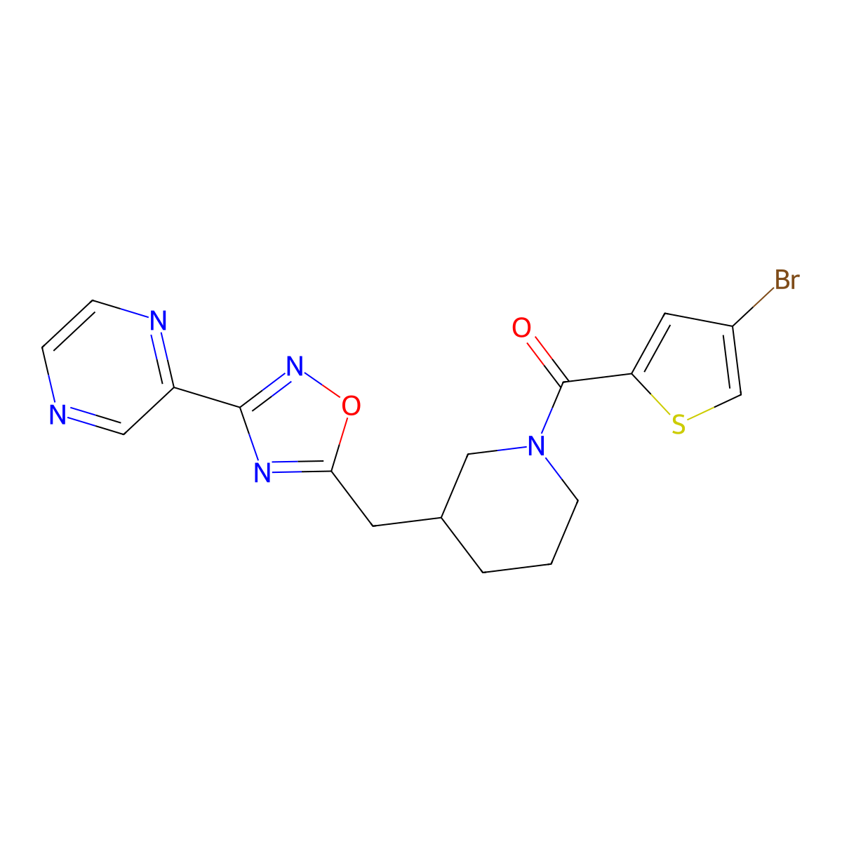 (4-Bromothiophen-2-yl)(3-((3-(pyrazin-2-yl)-1,2,4-oxadiazol-5-yl)methyl)piperidin-1-yl)methanone molecular structure, CAS 1705767-84-5