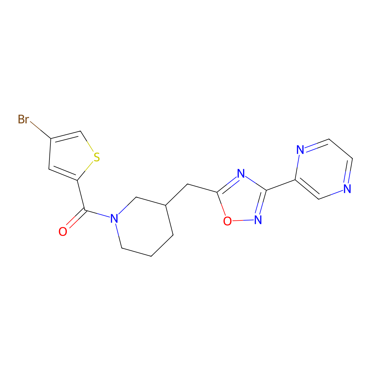 (4-Bromothiophen-2-yl)(3-((3-(pyrazin-2-yl)-1,2,4-oxadiazol-5-yl)methyl)piperidin-1-yl)methanone molecular structure, CAS 1705767-84-5