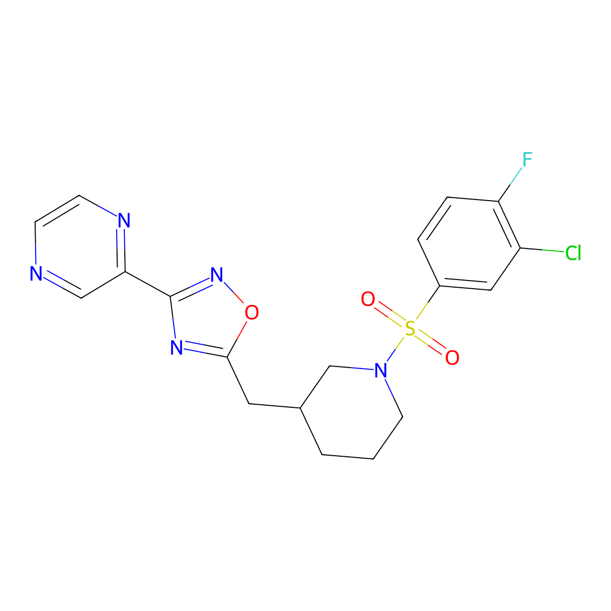 5-((1-((3-Chloro-4-fluorophenyl)sulfonyl)piperidin-3-yl)methyl)-3-(pyrazin-2-yl)-1,2,4-oxadiazole molecular structure, CAS 1705768-41-7