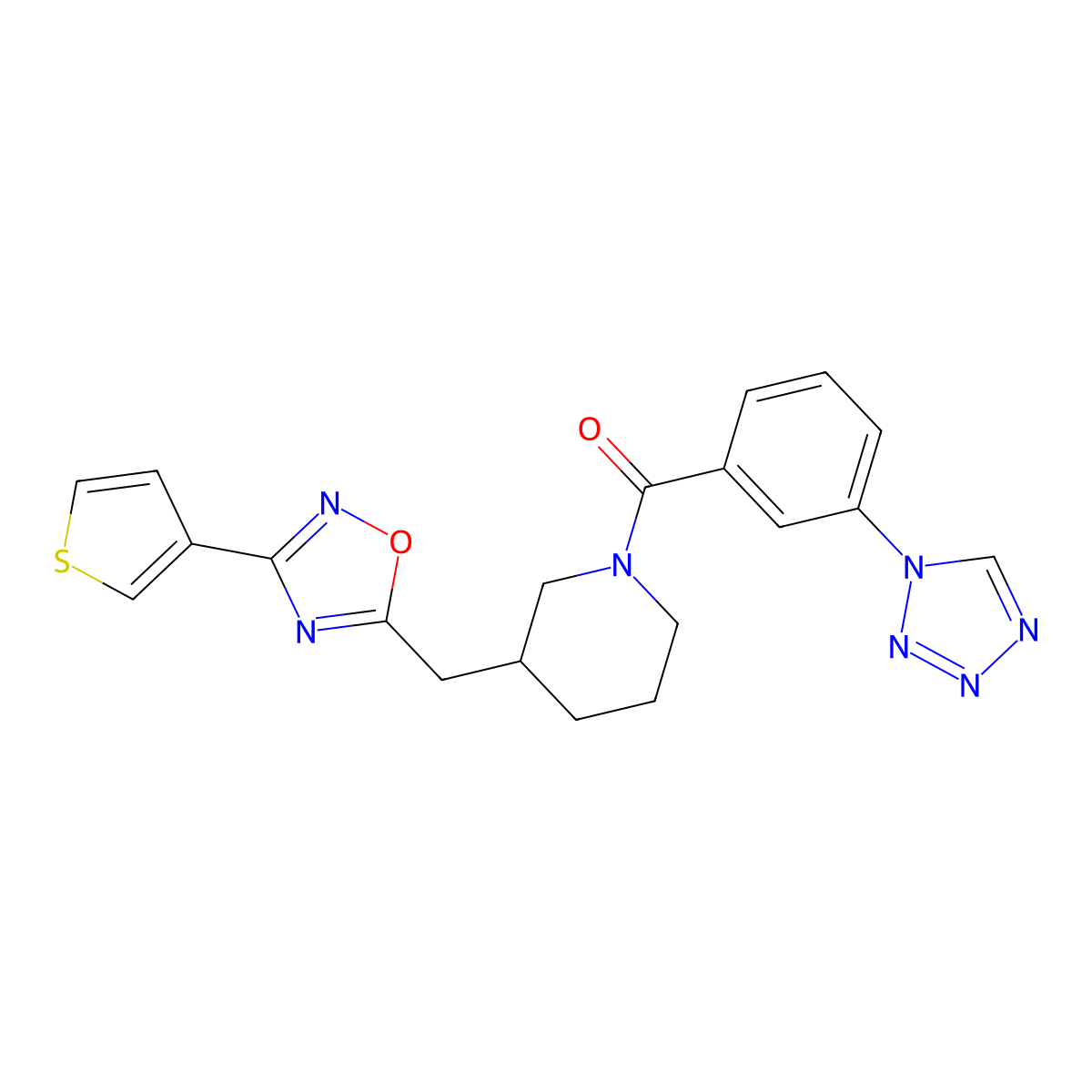 (3-(1H-tetrazol-1-yl)phenyl)(3-((3-(thiophen-3-yl)-1,2,4-oxadiazol-5-yl)methyl)piperidin-1-yl)methanone molecular structure, CAS 1705768-48-4