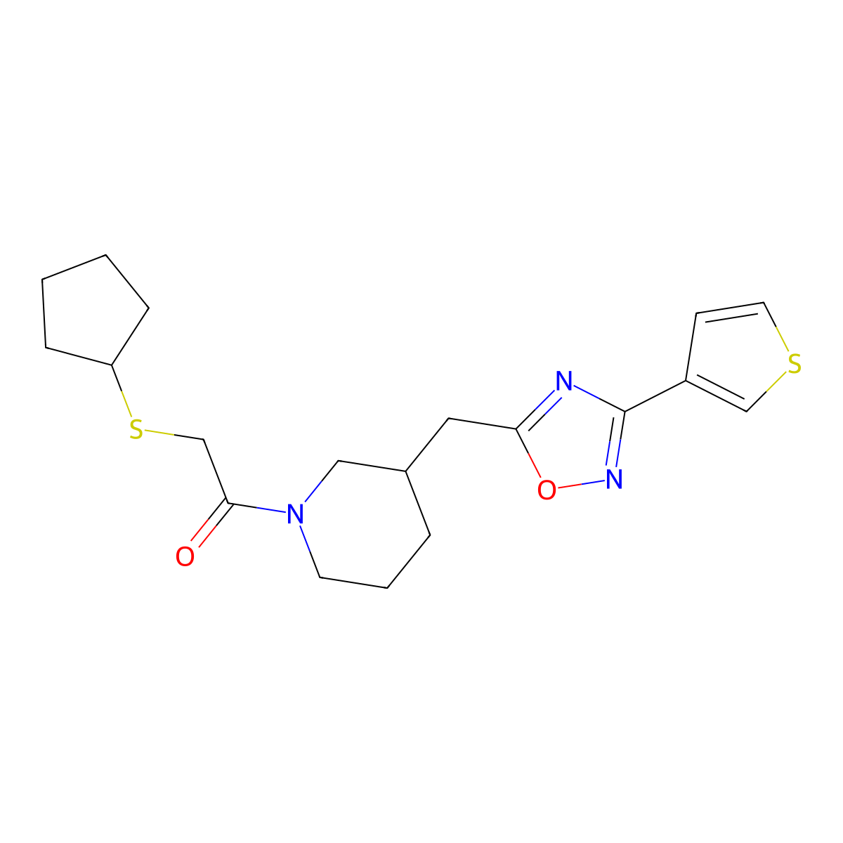 2-(Cyclopentylthio)-1-(3-((3-(thiophen-3-yl)-1,2,4-oxadiazol-5-yl)methyl)piperidin-1-yl)ethanone molecular structure, CAS 1705768-54-2