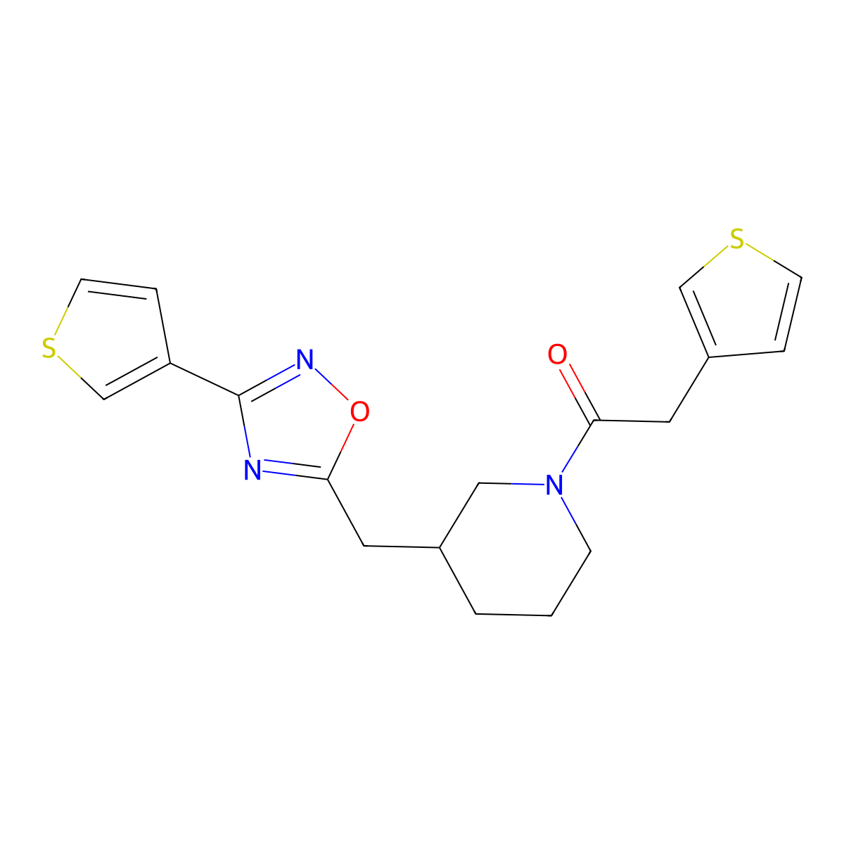 2-(Thiophen-3-yl)-1-(3-((3-(thiophen-3-yl)-1,2,4-oxadiazol-5-yl)methyl)piperidin-1-yl)ethanone molecular structure, CAS 1705769-21-6