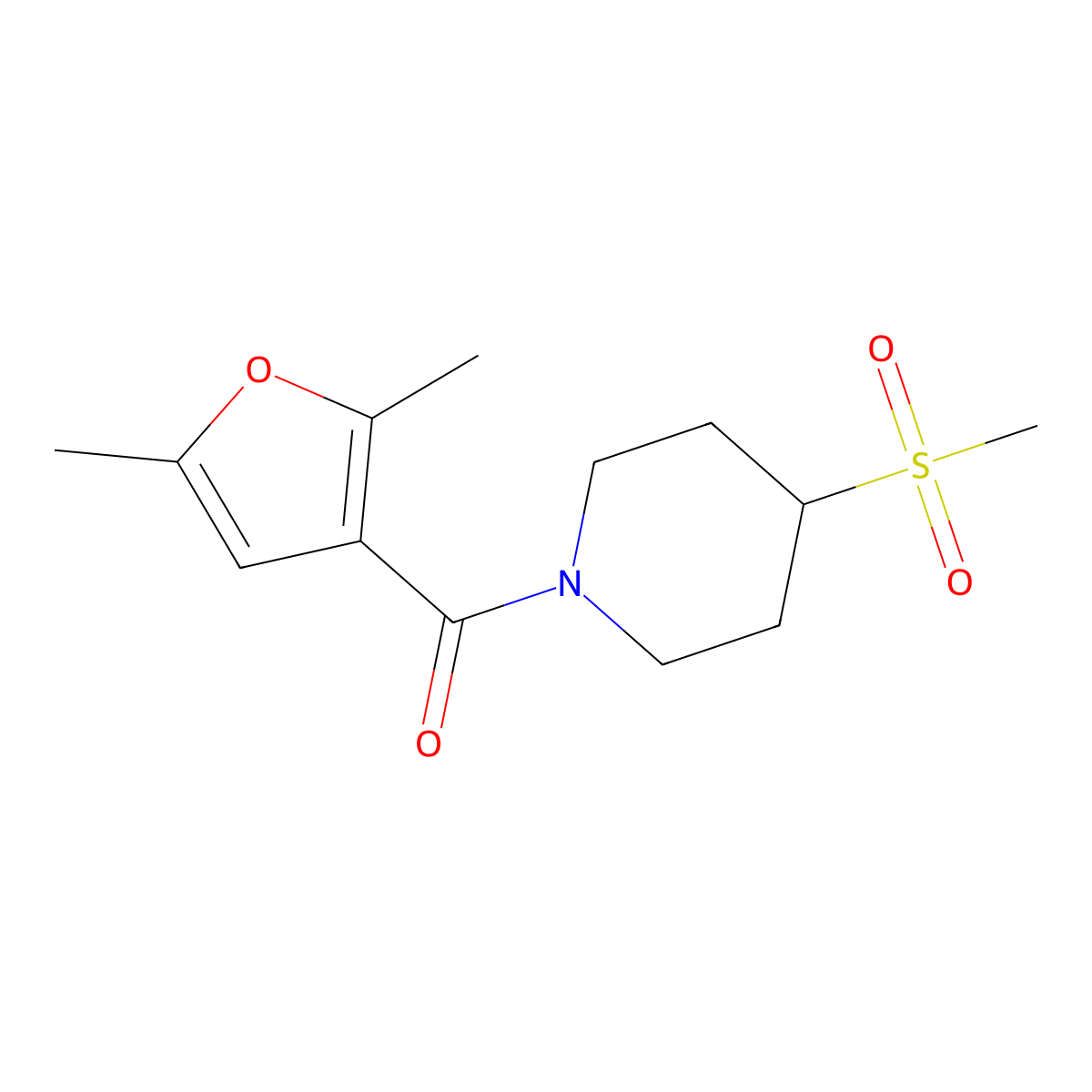(2,5-Dimethylfuran-3-yl)(4-(methylsulfonyl)piperidin-1-yl)methanone molecular structure, CAS 1705771-23-8