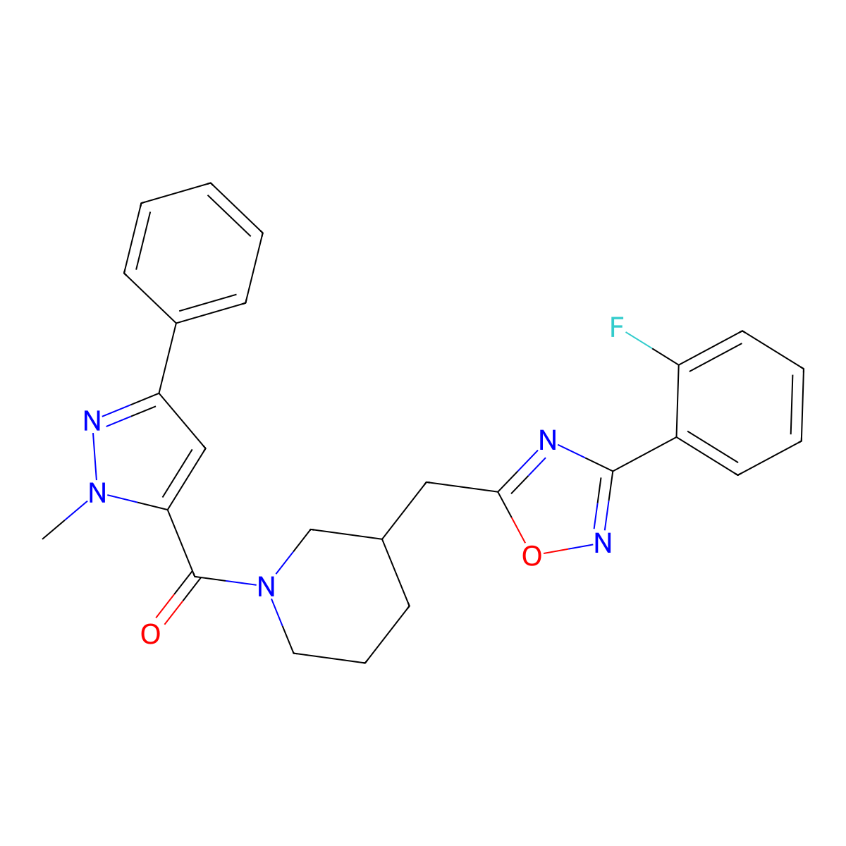 (3-((3-(2-fluorophenyl)-1,2,4-oxadiazol-5-yl)methyl)piperidin-1-yl)(1-methyl-3-phenyl-1H-pyrazol-5-yl)methanone molecular structure, CAS 1705771-30-7