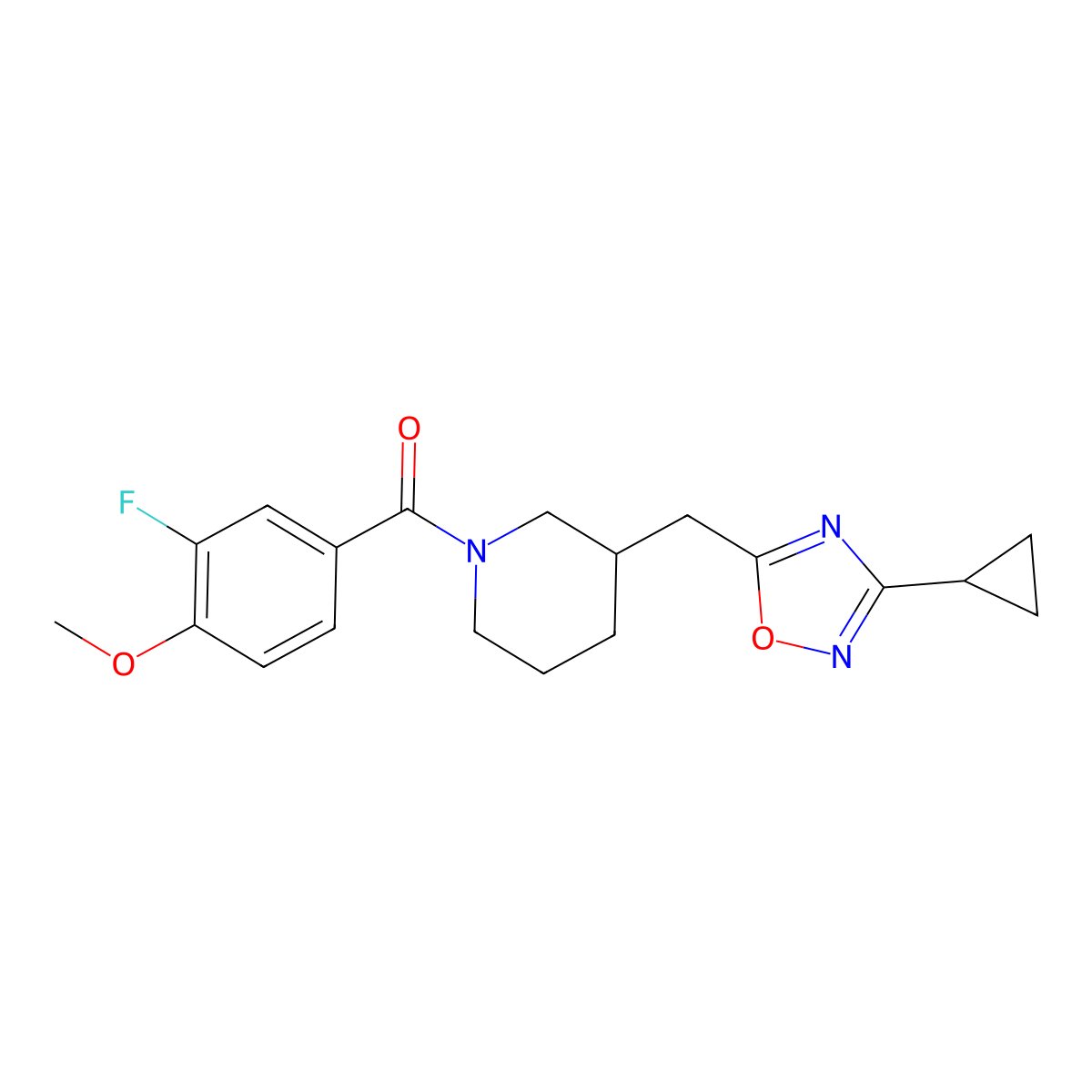 (3-((3-Cyclopropyl-1,2,4-oxadiazol-5-yl)methyl)piperidin-1-yl)(3-fluoro-4-methoxyphenyl)methanone molecular structure, CAS 1705772-06-0