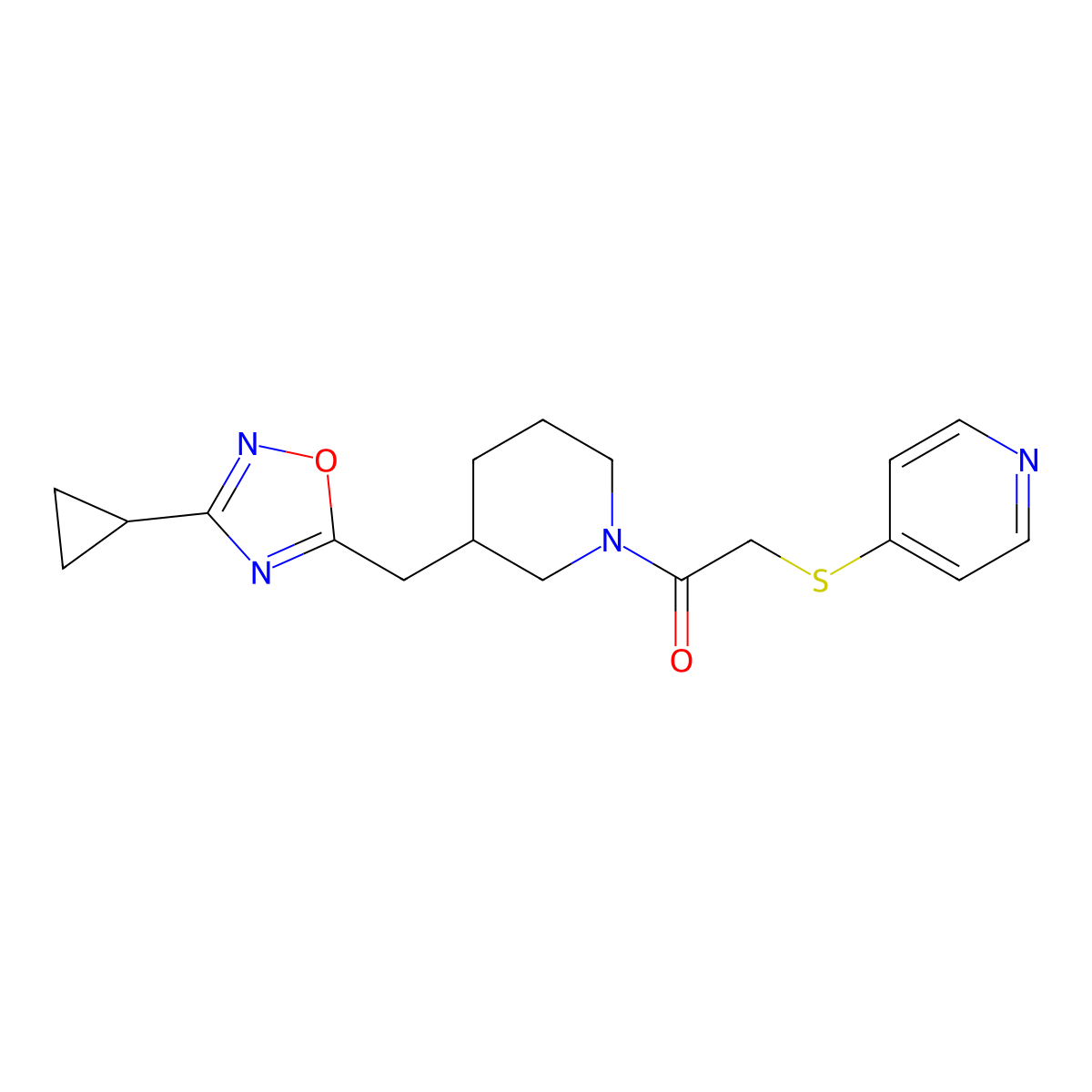 1-(3-((3-Cyclopropyl-1,2,4-oxadiazol-5-yl)methyl)piperidin-1-yl)-2-(pyridin-4-ylthio)ethanone molecular structure, CAS 1705772-09-3