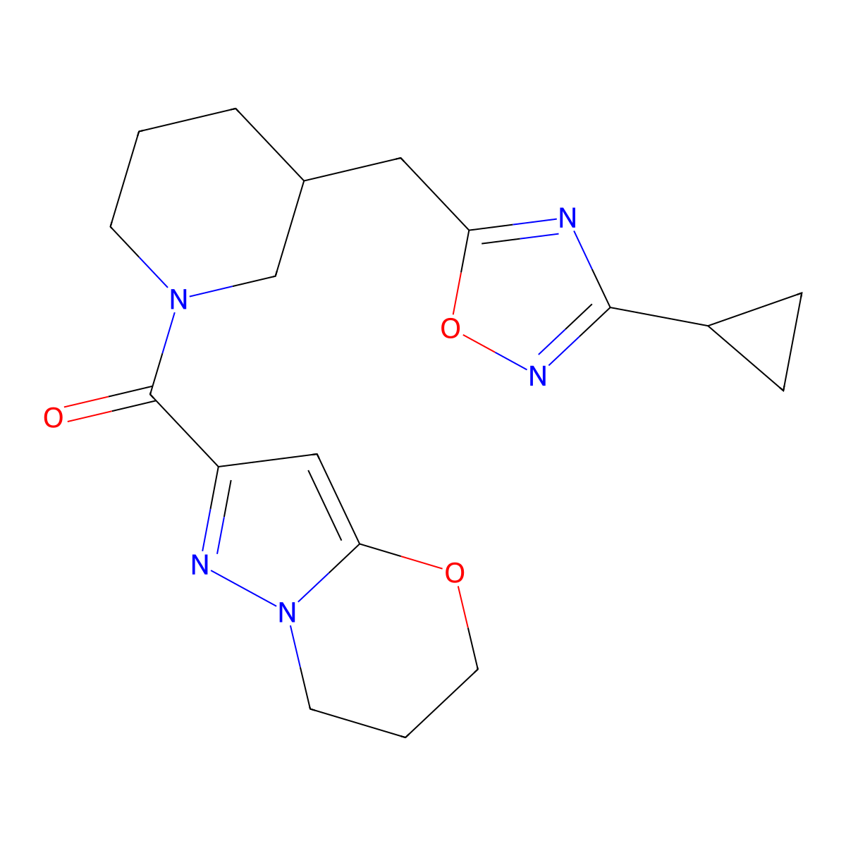 (3-((3-cyclopropyl-1,2,4-oxadiazol-5-yl)methyl)piperidin-1-yl)(6,7-dihydro-5H-pyrazolo[5,1-b][1,3]oxazin-2-yl)methanone molecular structure, CAS 1705772-20-8