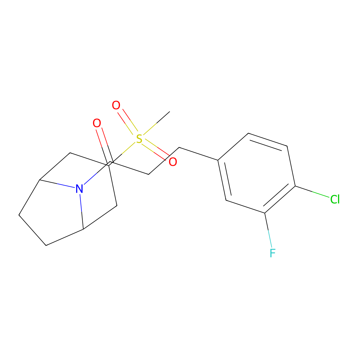 3-(4-chloro-3-fluorophenyl)-1-((1R,5S)-3-(methylsulfonyl)-8-azabicyclo[3.2.1]octan-8-yl)propan-1-one molecular structure, CAS 1705784-11-7