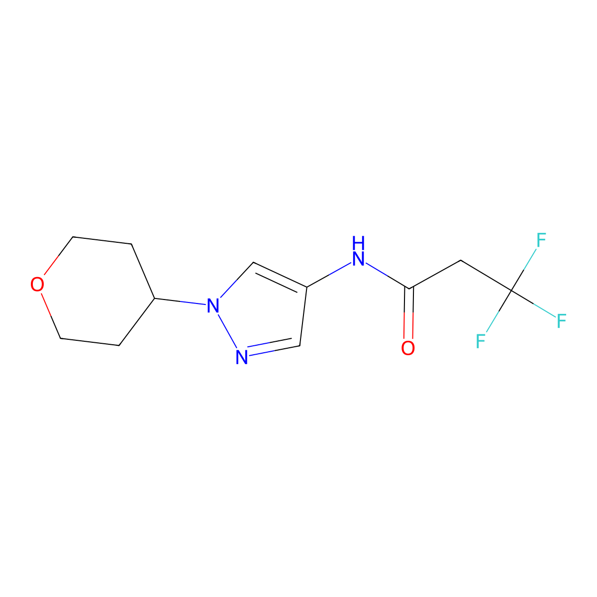 3,3,3-trifluoro-N-(1-(tetrahydro-2H-pyran-4-yl)-1H-pyrazol-4-yl)propanamide molecular structure, CAS 1705803-20-8