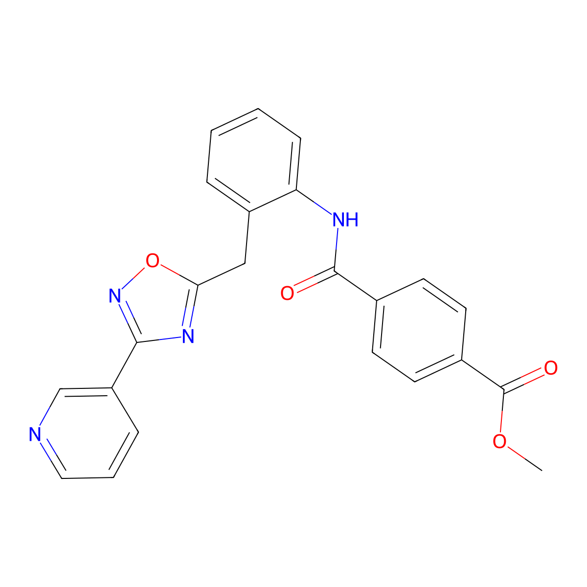 Methyl 4-((2-((3-(pyridin-3-yl)-1,2,4-oxadiazol-5-yl)methyl)phenyl)carbamoyl)benzoate molecular structure, CAS 1705815-46-8