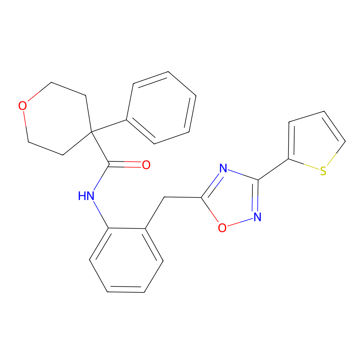 4-phenyl-N-(2-((3-(thiophen-2-yl)-1,2,4-oxadiazol-5-yl)methyl)phenyl)tetrahydro-2H-pyran-4-carboxamide molecular structure, CAS 1705818-55-8