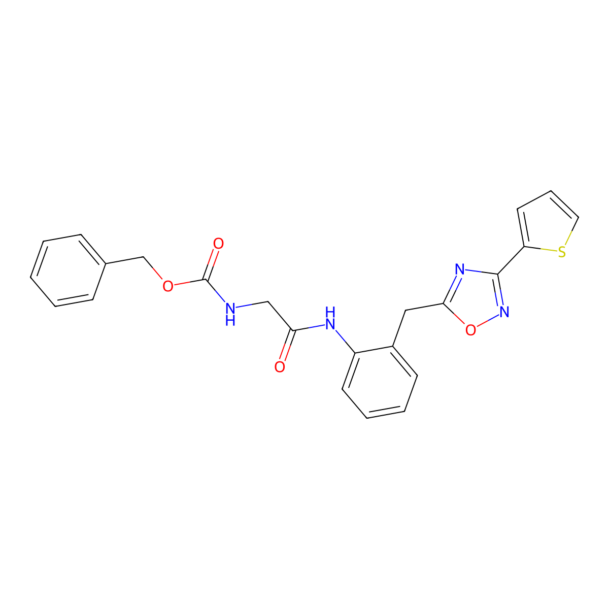 Benzyl (2-oxo-2-((2-((3-(thiophen-2-yl)-1,2,4-oxadiazol-5-yl)methyl)phenyl)amino)ethyl)carbamate molecular structure, CAS 1705818-73-0