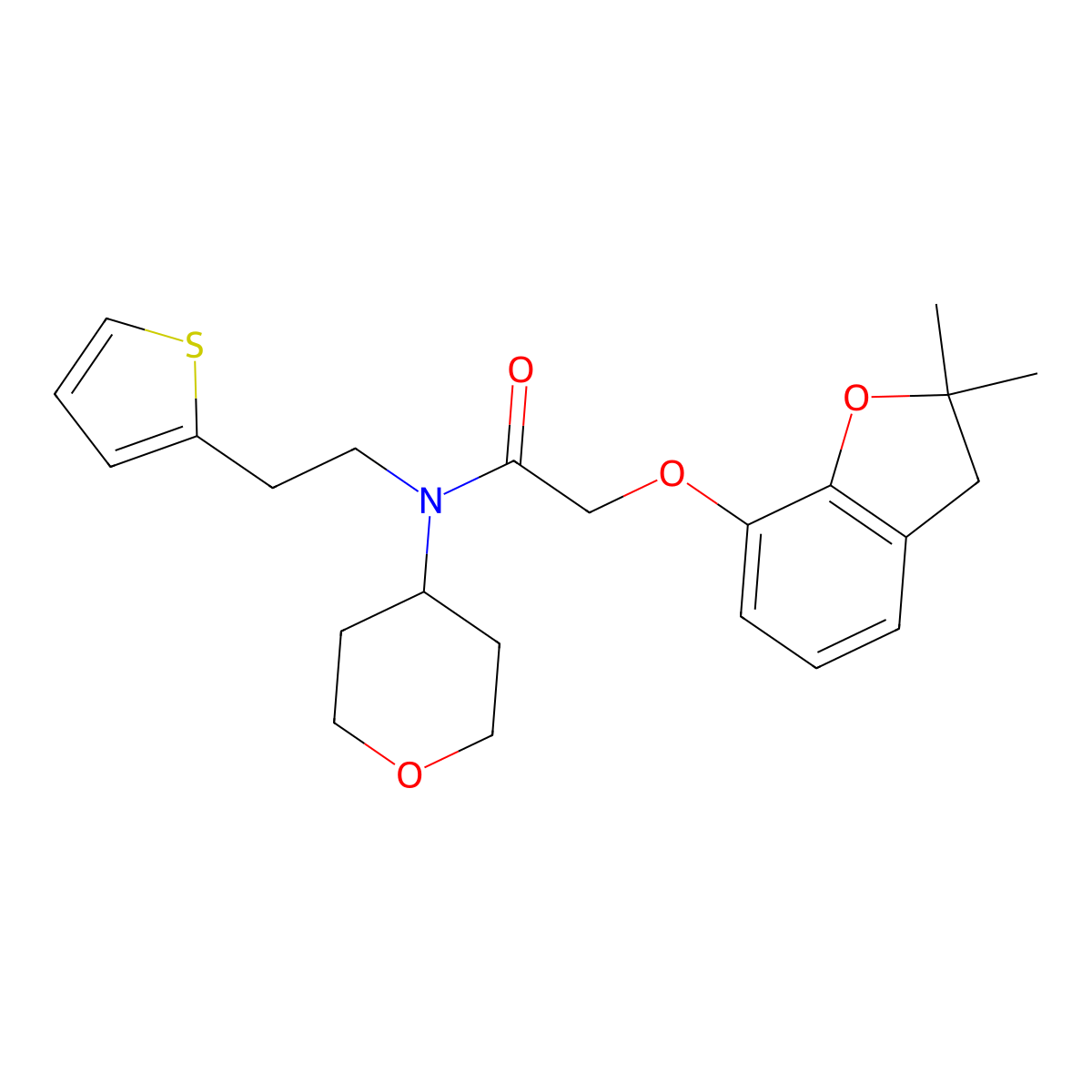 2-((2,2-dimethyl-2,3-dihydrobenzofuran-7-yl)oxy)-N-(tetrahydro-2H-pyran-4-yl)-N-(2-(thiophen-2-yl)ethyl)acetamide molecular structure, CAS 1705819-61-9
