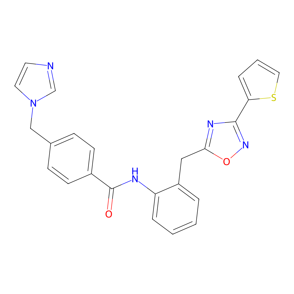 4-((1H-imidazol-1-yl)methyl)-N-(2-((3-(thiophen-2-yl)-1,2,4-oxadiazol-5-yl)methyl)phenyl)benzamide molecular structure, CAS 1705825-13-3