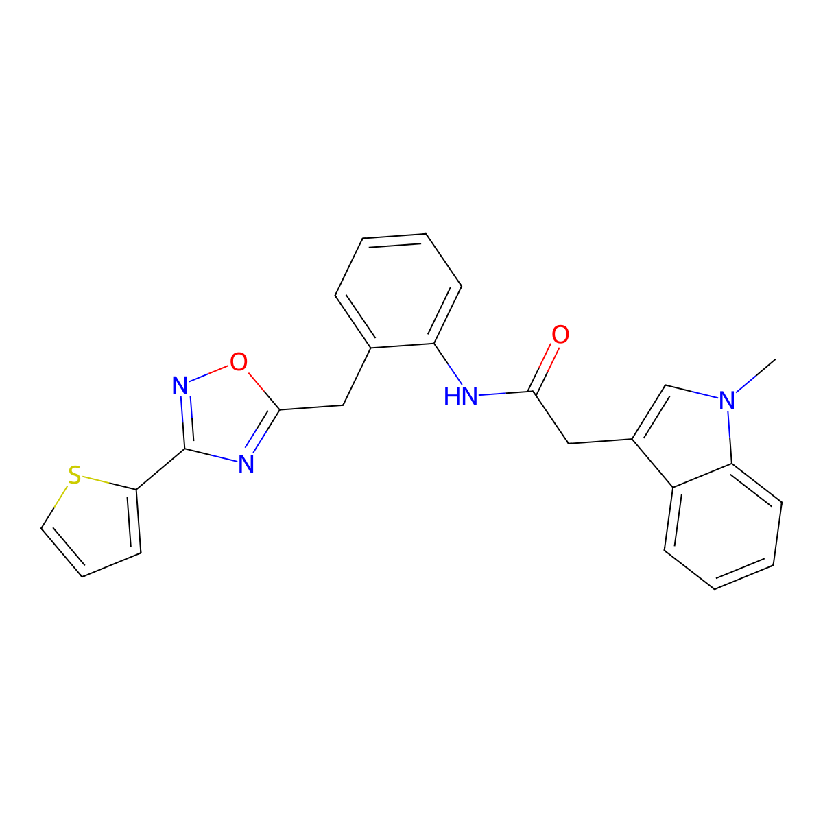 2-(1-methyl-1H-indol-3-yl)-N-(2-{[3-(thiophen-2-yl)-1,2,4-oxadiazol-5-yl]methyl}phenyl)acetamide molecular structure, CAS 1705825-19-9