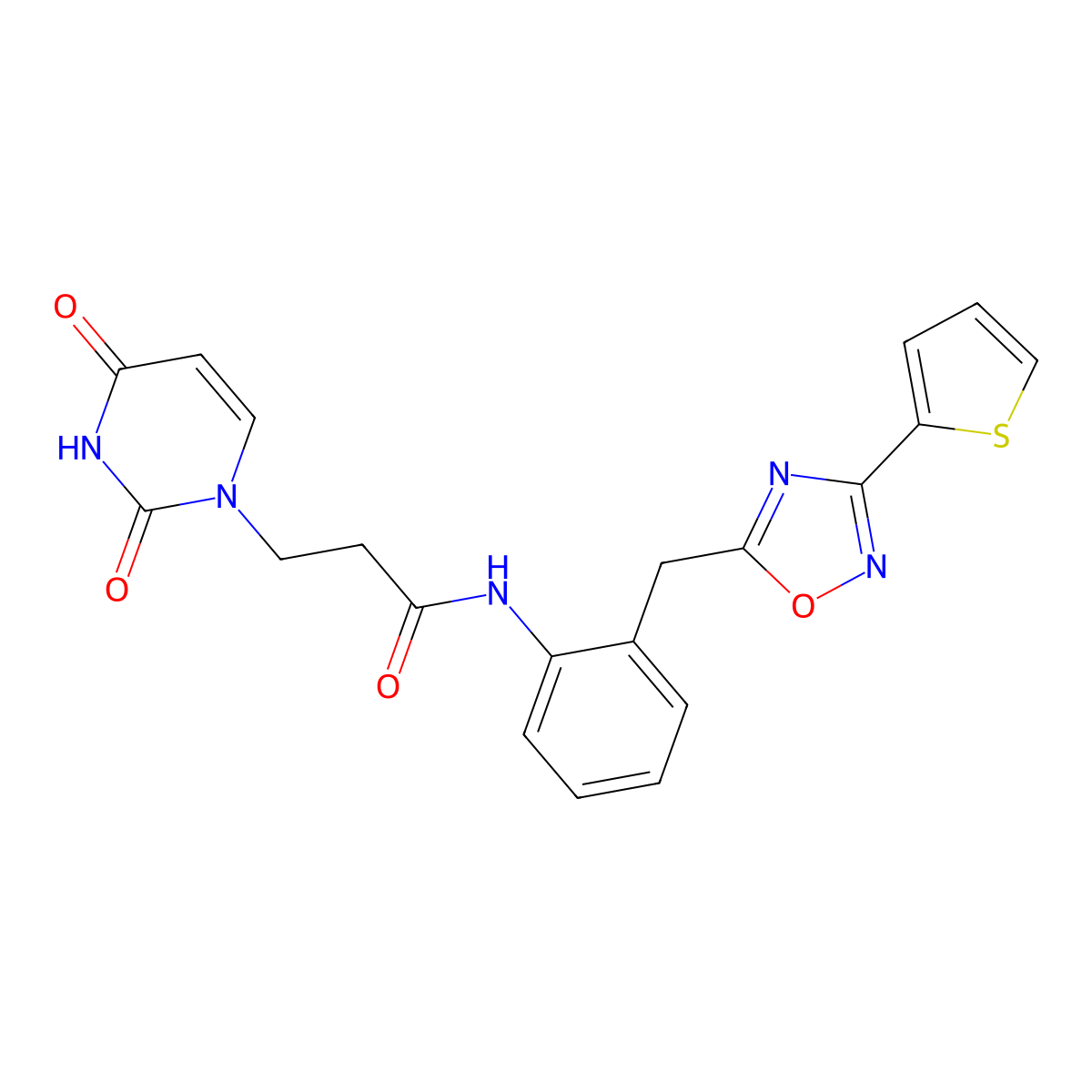 3-(2,4-dioxo-3,4-dihydropyrimidin-1(2H)-yl)-N-(2-((3-(thiophen-2-yl)-1,2,4-oxadiazol-5-yl)methyl)phenyl)propanamide molecular structure, CAS 1705825-34-8