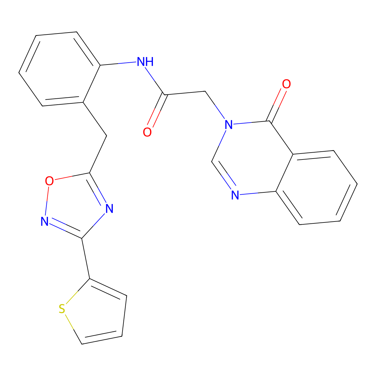 2-(4-oxoquinazolin-3(4H)-yl)-N-(2-((3-(thiophen-2-yl)-1,2,4-oxadiazol-5-yl)methyl)phenyl)acetamide molecular structure, CAS 1705825-48-4