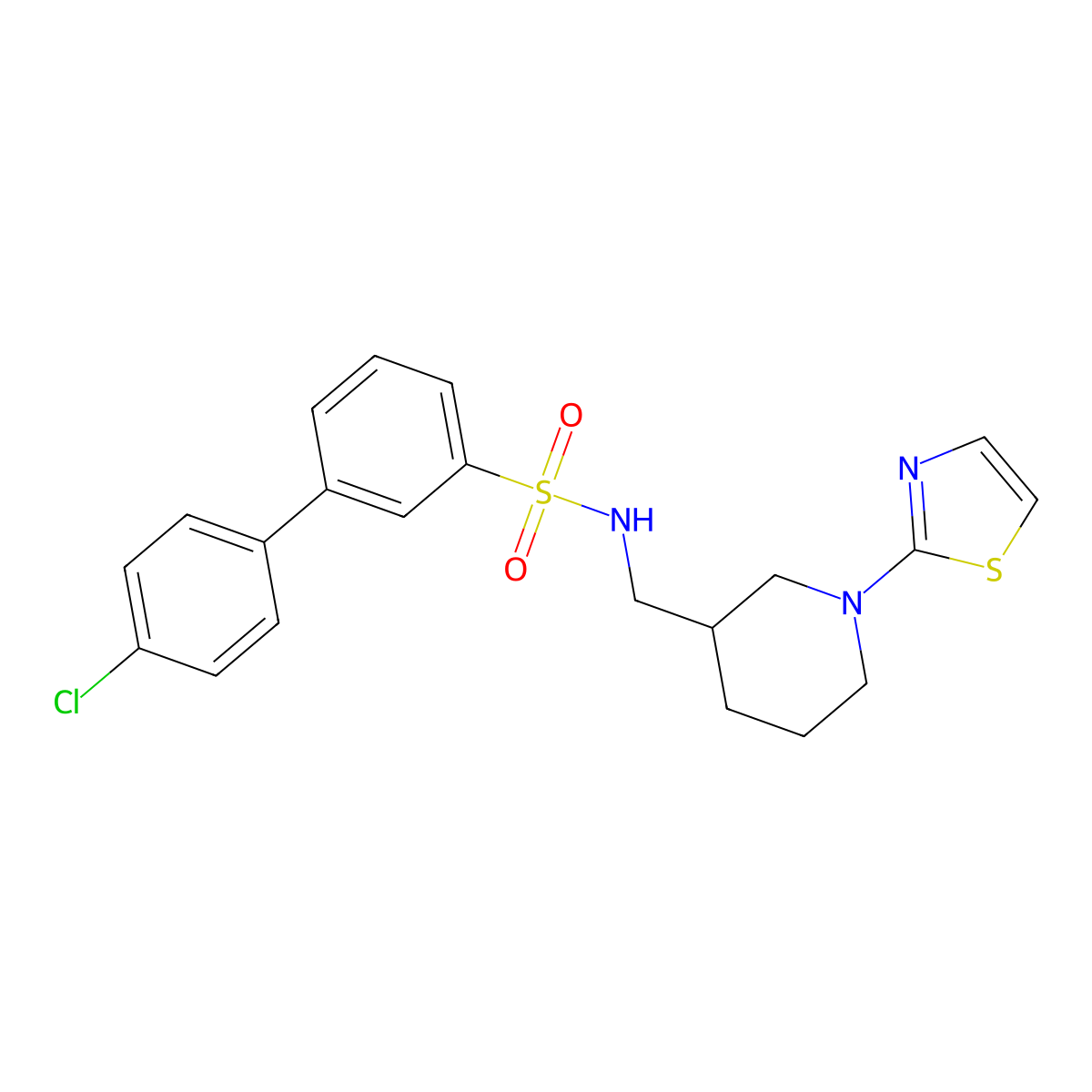 4'-chloro-N-((1-(thiazol-2-yl)piperidin-3-yl)methyl)-[1,1'-biphenyl]-3-sulfonamide molecular structure, CAS 1705841-70-8