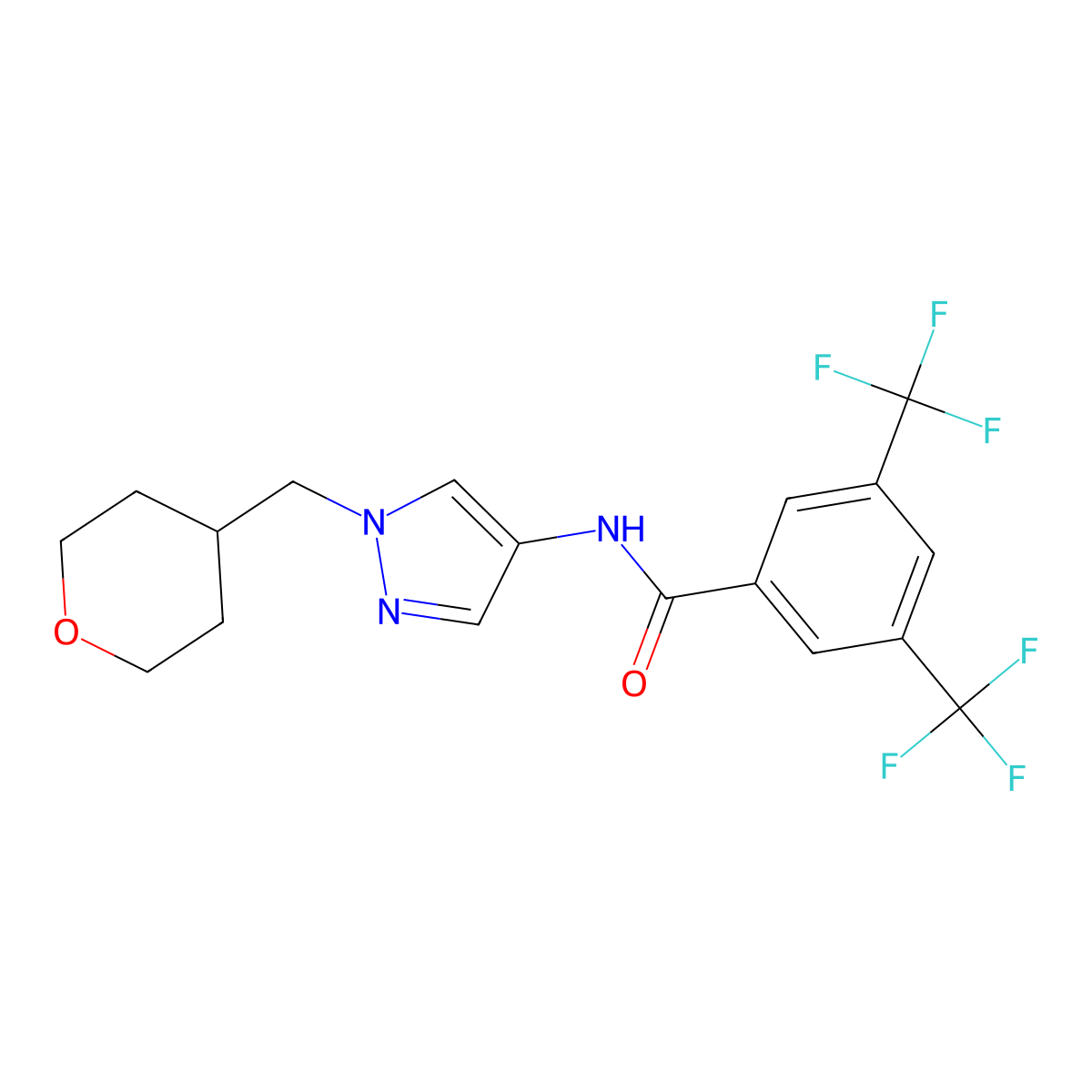 N-{1-[(oxan-4-yl)methyl]-1H-pyrazol-4-yl}-3,5-bis(trifluoromethyl)benzamide molecular structure, CAS 1705842-03-0