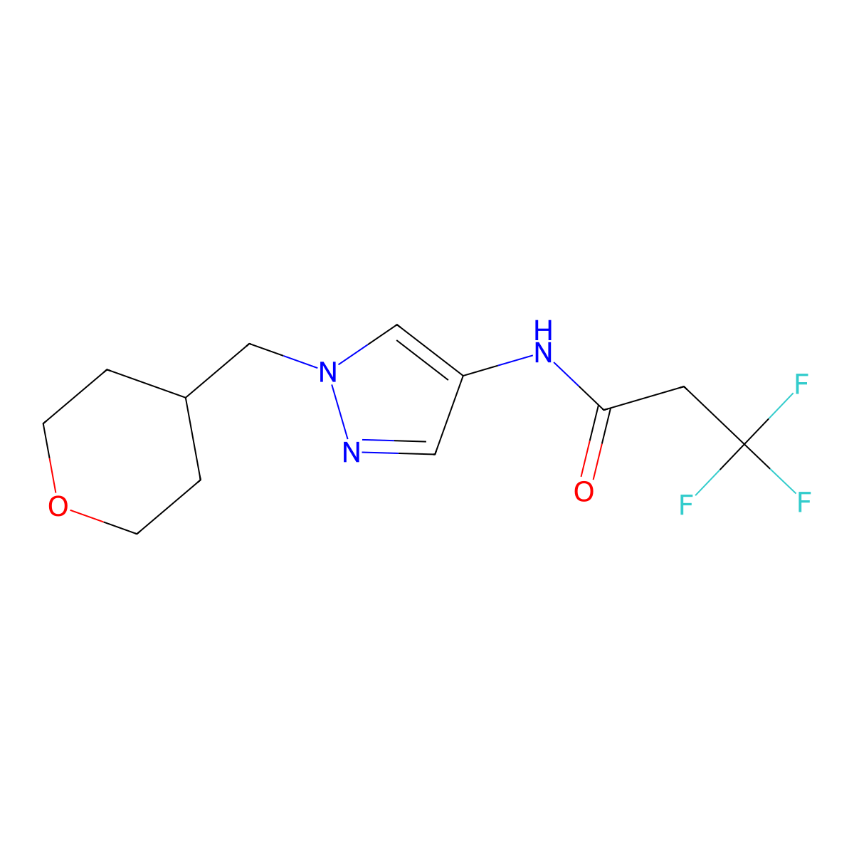 3,3,3-trifluoro-N-(1-((tetrahydro-2H-pyran-4-yl)methyl)-1H-pyrazol-4-yl)propanamide molecular structure, CAS 1705842-55-2