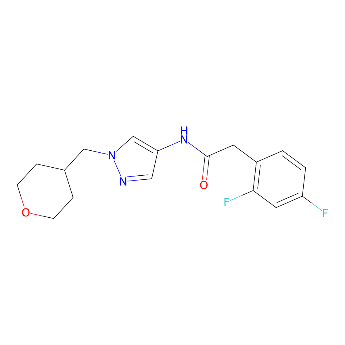 2-(2,4-difluorophenyl)-N-(1-((tetrahydro-2H-pyran-4-yl)methyl)-1H-pyrazol-4-yl)acetamide molecular structure, CAS 1705842-85-8