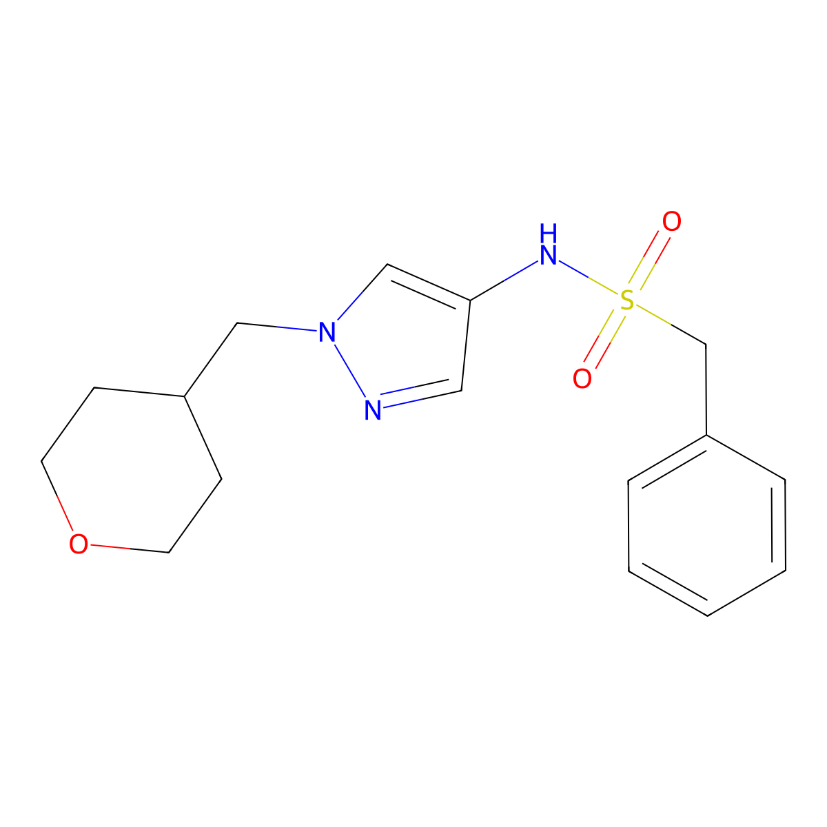 1-phenyl-N-(1-((tetrahydro-2H-pyran-4-yl)methyl)-1H-pyrazol-4-yl)methanesulfonamide molecular structure, CAS 1705843-40-8
