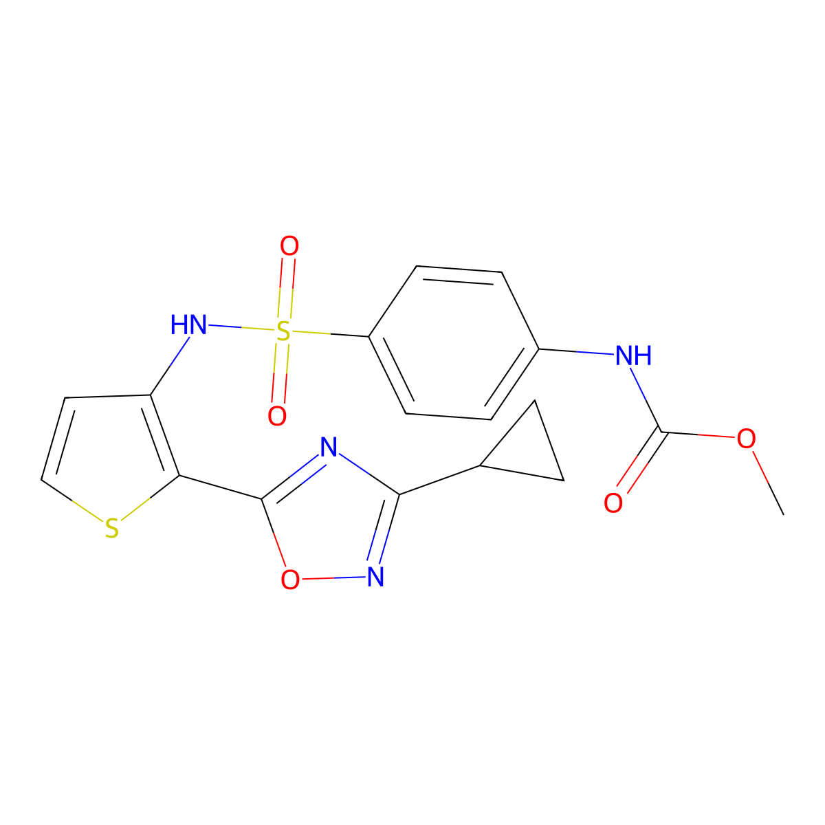 methyl (4-(N-(2-(3-cyclopropyl-1,2,4-oxadiazol-5-yl)thiophen-3-yl)sulfamoyl)phenyl)carbamate molecular structure, CAS 1705857-96-0