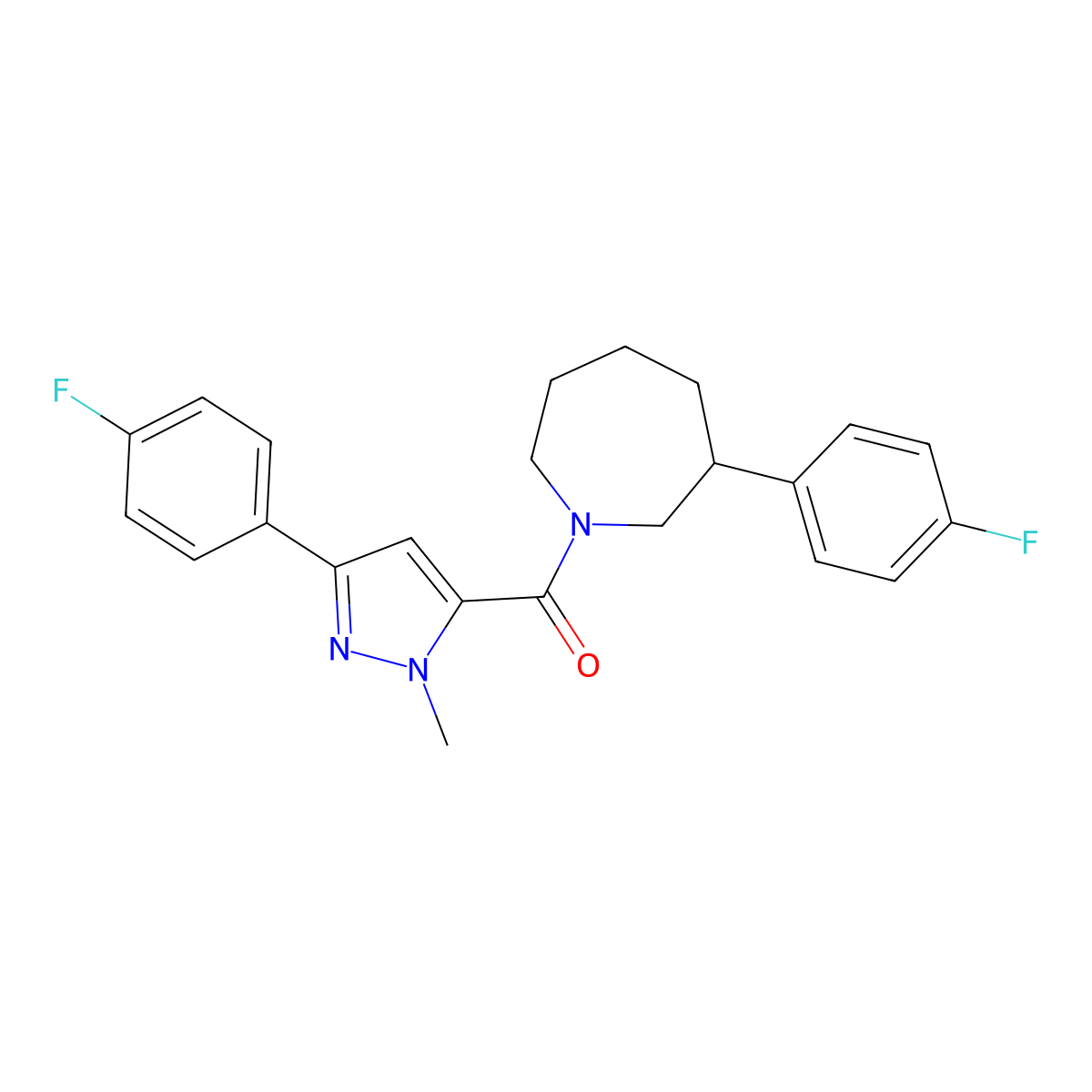 (3-(4-fluorophenyl)-1-methyl-1H-pyrazol-5-yl)(3-(4-fluorophenyl)azepan-1-yl)methanone molecular structure, CAS 1705859-36-4