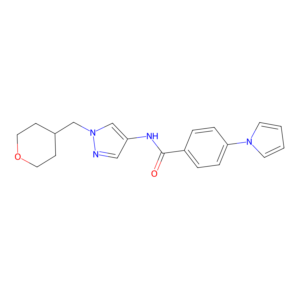 4-(1H-pyrrol-1-yl)-N-(1-((tetrahydro-2H-pyran-4-yl)methyl)-1H-pyrazol-4-yl)benzamide molecular structure, CAS 1705864-05-6