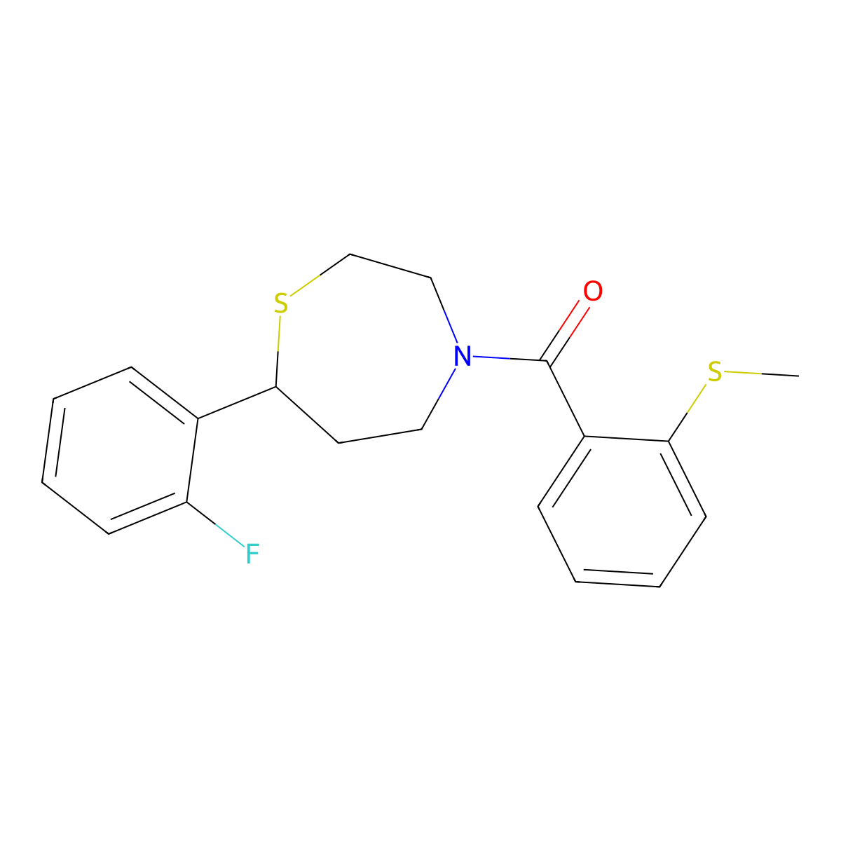 (7-(2-Fluorophenyl)-1,4-thiazepan-4-yl)(2-(methylthio)phenyl)methanone molecular structure, CAS 1705865-20-8