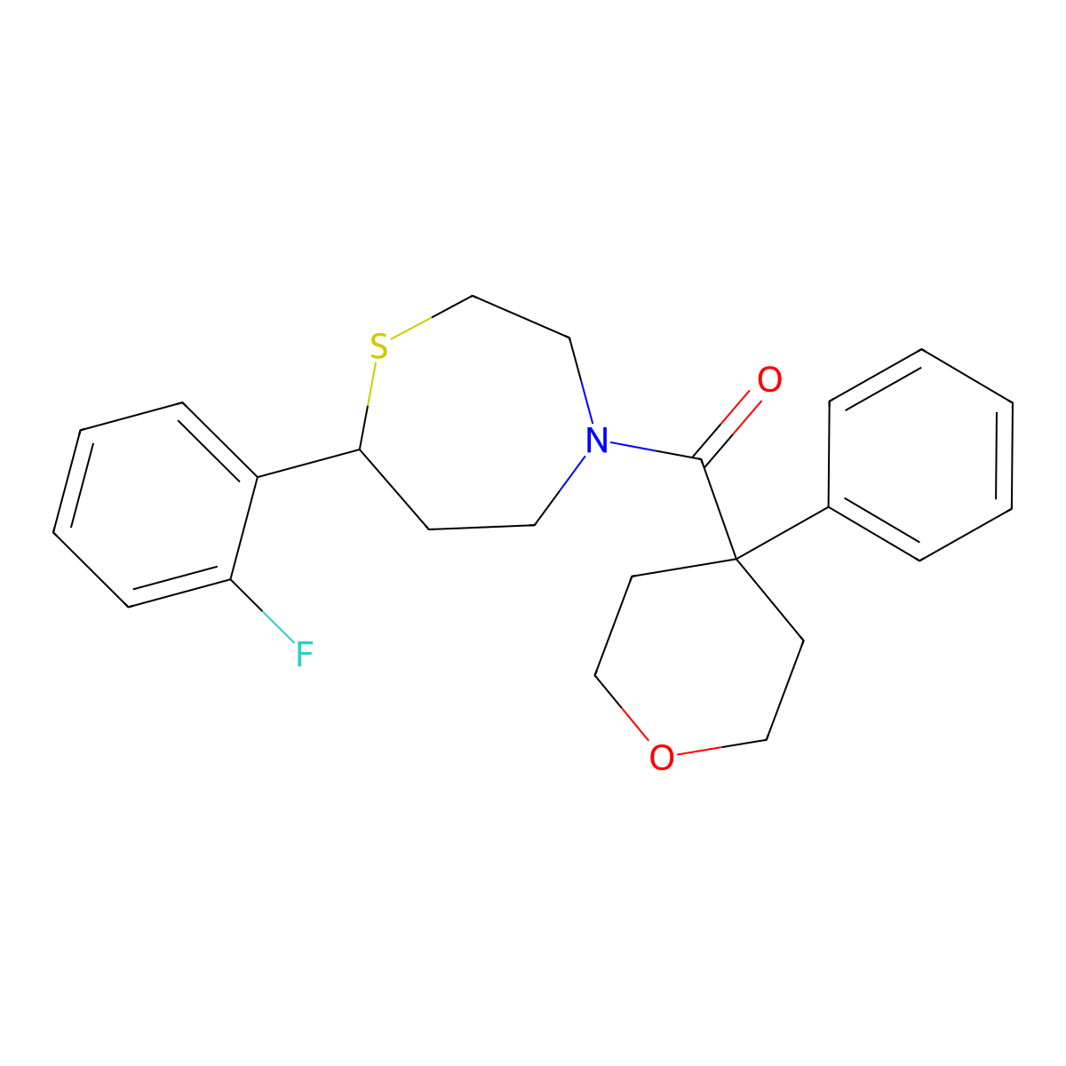 (7-(2-fluorophenyl)-1,4-thiazepan-4-yl)(4-phenyltetrahydro-2H-pyran-4-yl)methanone molecular structure, CAS 1705866-02-9