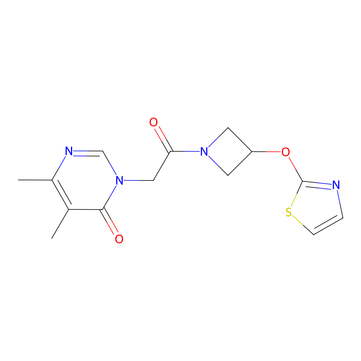 5,6-dimethyl-3-(2-oxo-2-(3-(thiazol-2-yloxy)azetidin-1-yl)ethyl)pyrimidin-4(3H)-one molecular structure, CAS 1705870-02-5
