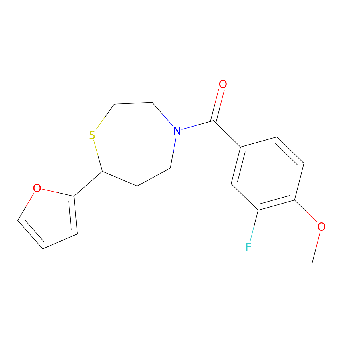 (3-Fluoro-4-methoxyphenyl)(7-(furan-2-yl)-1,4-thiazepan-4-yl)methanone molecular structure, CAS 1705871-95-9