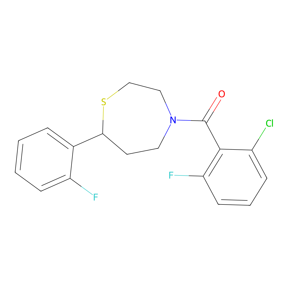 (2-Chloro-6-fluorophenyl)(7-(2-fluorophenyl)-1,4-thiazepan-4-yl)methanone molecular structure, CAS 1705873-66-0