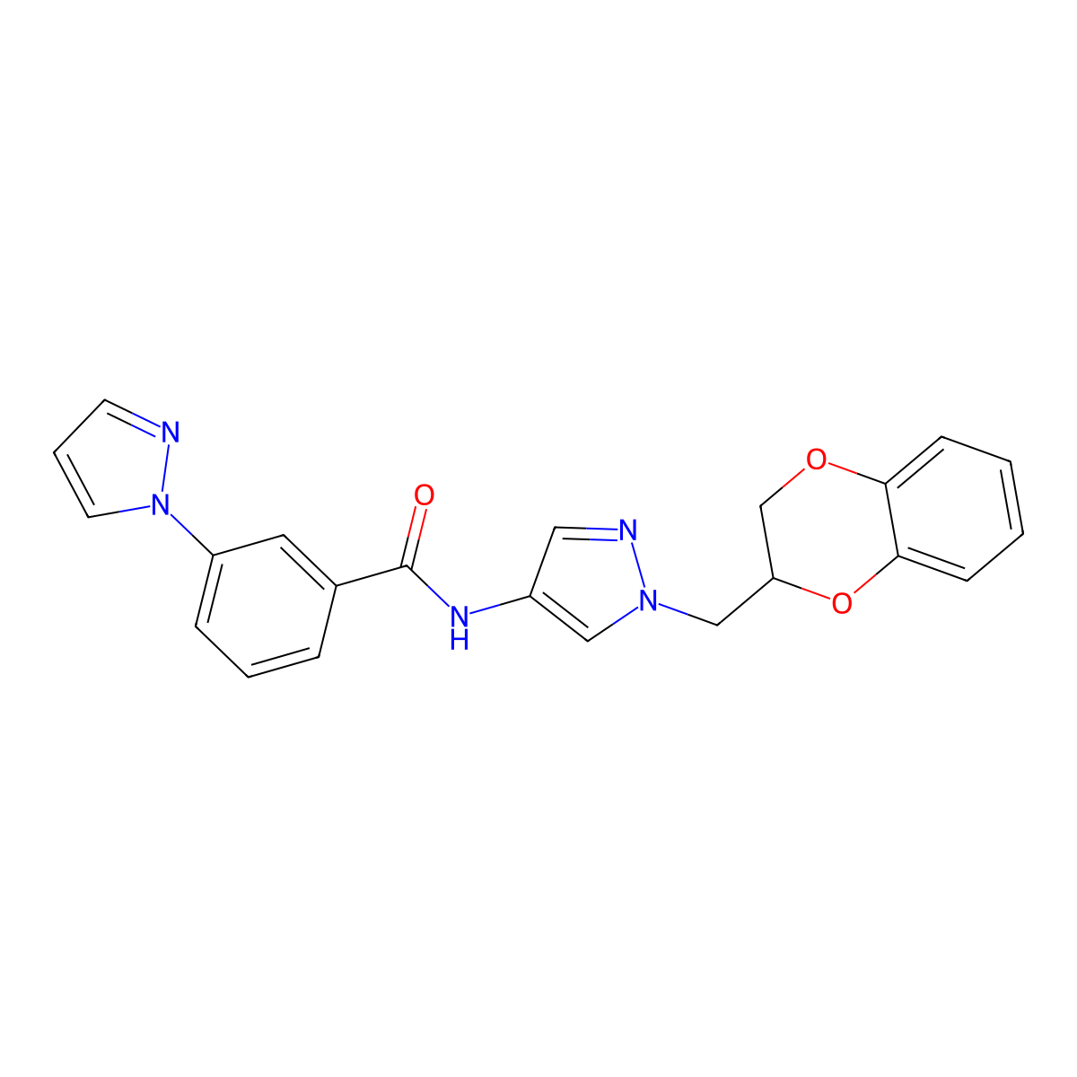 N-(1-((2,3-dihydrobenzo[b][1,4]dioxin-2-yl)methyl)-1H-pyrazol-4-yl)-3-(1H-pyrazol-1-yl)benzamide molecular structure, CAS 1705876-88-5