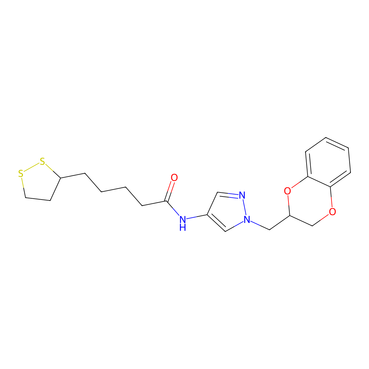 N-(1-((2,3-dihydrobenzo[b][1,4]dioxin-2-yl)methyl)-1H-pyrazol-4-yl)-5-(1,2-dithiolan-3-yl)pentanamide molecular structure, CAS 1705877-03-7