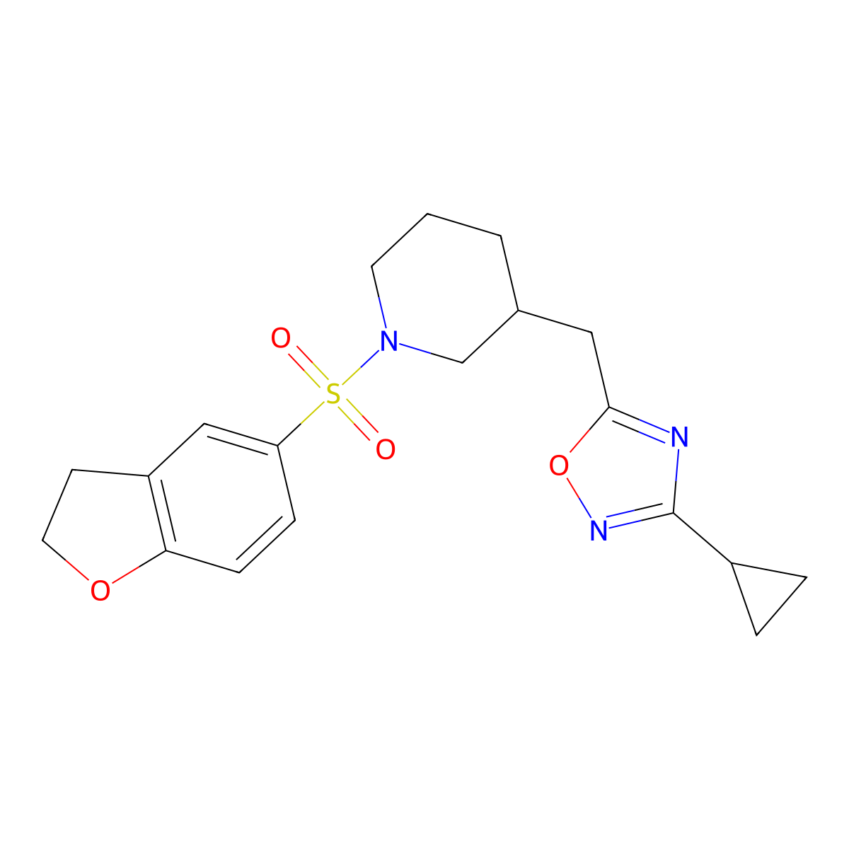 3-Cyclopropyl-5-((1-((2,3-dihydrobenzofuran-5-yl)sulfonyl)piperidin-3-yl)methyl)-1,2,4-oxadiazole molecular structure, CAS 1705877-05-9