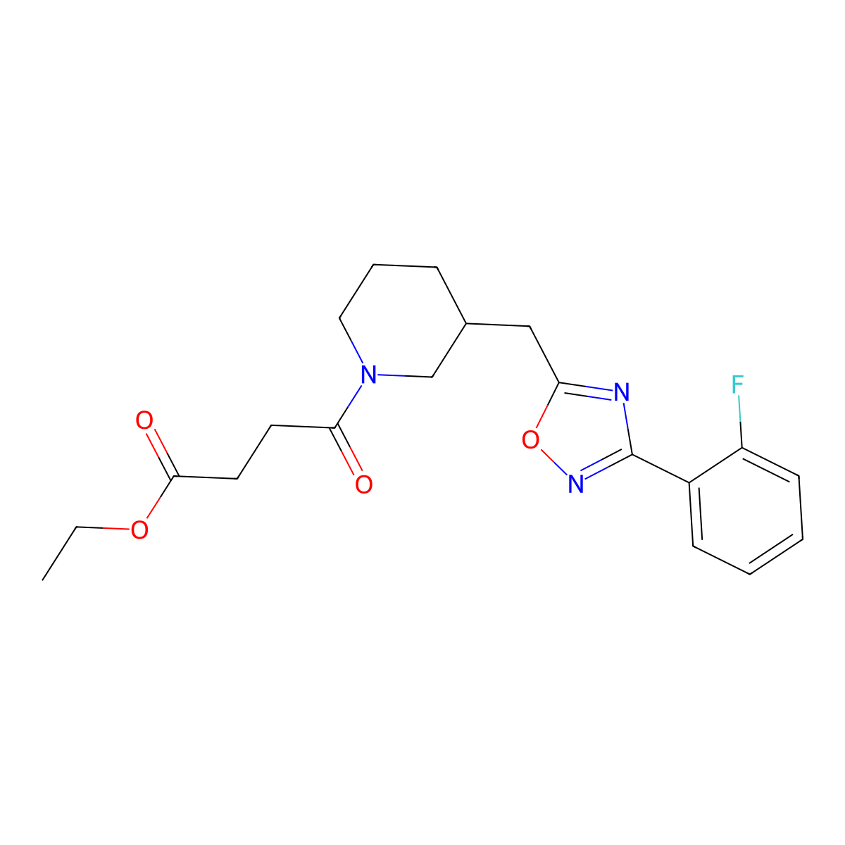 Ethyl 4-(3-((3-(2-fluorophenyl)-1,2,4-oxadiazol-5-yl)methyl)piperidin-1-yl)-4-oxobutanoate molecular structure, CAS 1705878-45-0