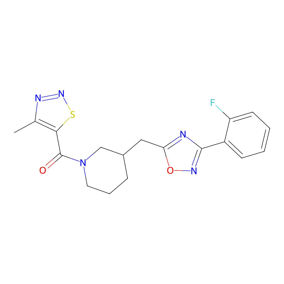 (3-((3-(2-Fluorophenyl)-1,2,4-oxadiazol-5-yl)methyl)piperidin-1-yl)(4-methyl-1,2,3-thiadiazol-5-yl)methanone molecular structure, CAS 1705878-65-4