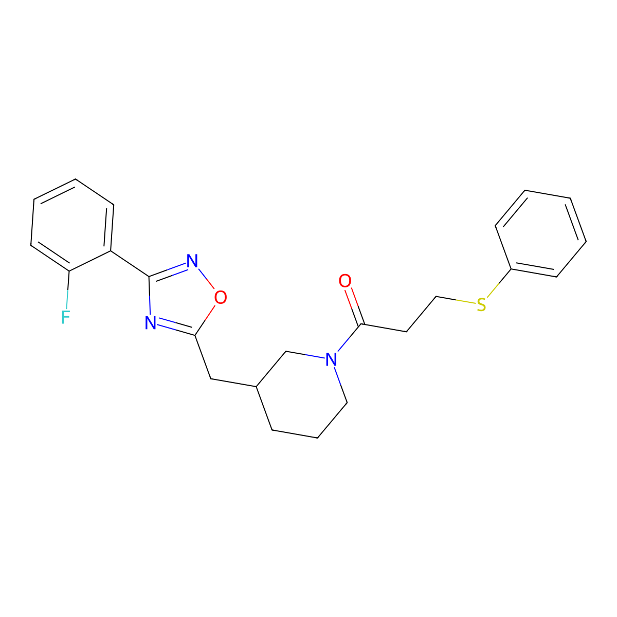1-(3-((3-(2-Fluorophenyl)-1,2,4-oxadiazol-5-yl)methyl)piperidin-1-yl)-3-(phenylthio)propan-1-one molecular structure, CAS 1705878-76-7