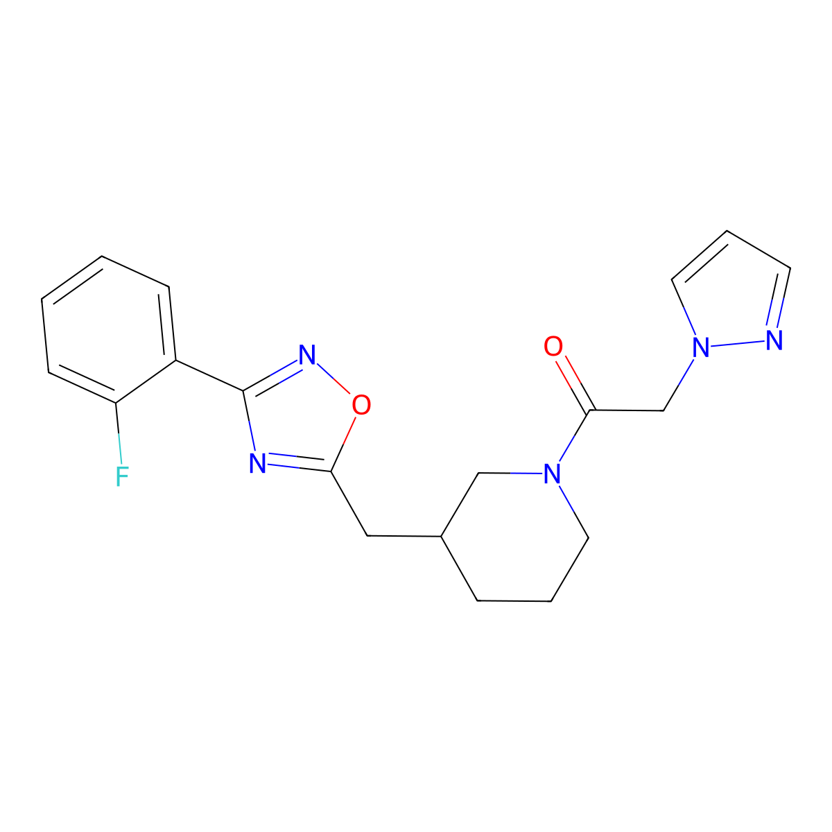 1-(3-((3-(2-fluorophenyl)-1,2,4-oxadiazol-5-yl)methyl)piperidin-1-yl)-2-(1H-pyrazol-1-yl)ethanone molecular structure, CAS 1705878-82-5